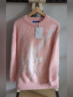 Pink Fuzzy  Sweater with White Graphic